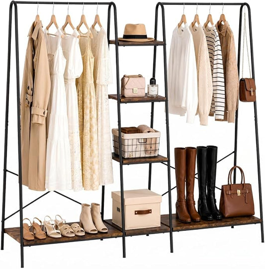 Finnhomy Clothes Rack for Hanging Clothes Freestanding Clothing Rack with 6 Wood Storage Shelves & 2 Rods Heavy Duty Garment Rack Portable Wardrobe Closet Organizer for Bedroom Closet Boutique,Rustic