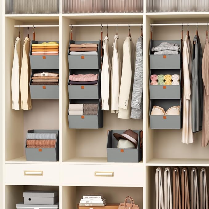 Collapsible Hanging Closet Organizer - 3 Tier Closet Shelves Storage System with Hooks, Fabric Hanging Storage Bins for Clothes, Foldable Storage Basket for Laundry, Bedroom, Rv, Grey