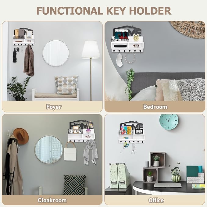 VIS'V Key Holder Wall Mount, Decorative Wood Mail and Key Organizer, White | Contains Iron Storage Basket, Small Shelf, 2 Compartments, 6 Hooks, for Entryway, Hallway, Doorway, Kitchen, Garage, RV