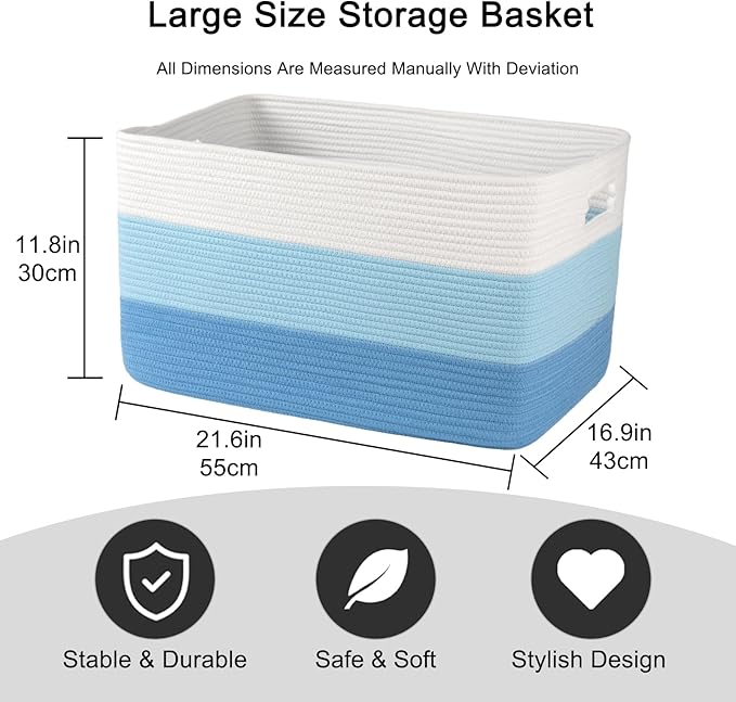 OIAHOMY Large Blanket Basket, 22”x17”x12” Rectangle Woven Baskets, Nursery Blanket Storage Living Room, Toy Storage With Handle, Large Baskets for Organizing-Gradient Light Blue