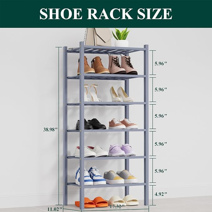 Smiry Bamboo Shoe Rack, 14 Vertical Slats, 6 Tier - 17.3" Wide, Grey | Stackable Free Standing Wooden Shoe Organizer, Wood Shoe Storage Shelf for Closet, Entryway, Thicher Leg