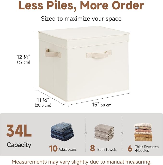 StorageWorks Storage Bins with Lid, Decorative Fabric Storage Bins with Handles, Stackable Closet Organizers for Shelves and Bedroom, Large, Beige(Cotton Linen), 2-Pack