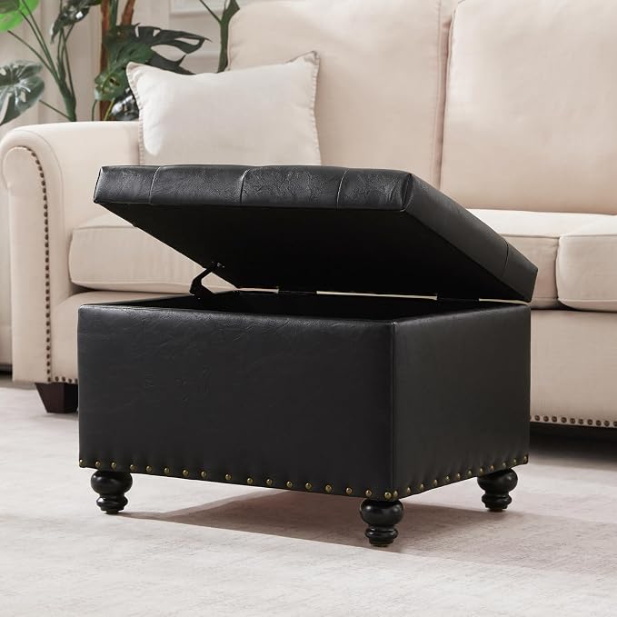 Zihanhome Leather Ottoman with Storage, Upholstered Button Tufted Ottoman Foot Rest, Foot Stools, 24" Rectangle Ottomans with Storage for Living Room, Bedroom, Dorms and Apartments (Black-PU)