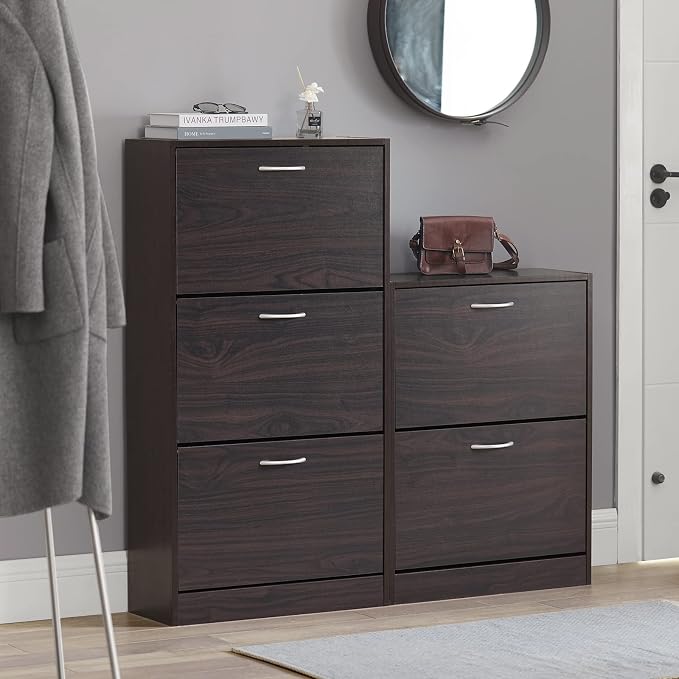 Haotian Narrow Shoe Cabinet for Entryway | Slim Freestanding Shoe Rack with 2 Flip-Drawers, Hidden Storage Shoe Organizer Hallyway Mudroom, Brown, FSR110-K-BR
