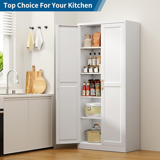 71" Tall White Metal Storage Cabinet with Doors, Heavy Duty | Freestanding Steel Kitchen Pantry Cabinet, 4 Adjustable Shelves (180 Lbs Load), Tall Cabinets for Home, Office and Garage