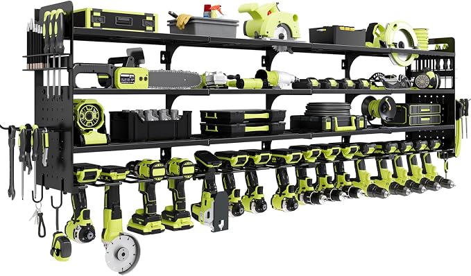 Large Power Tool Organizer Wall Mount, 16 Drill Holders Storage Rack, Black | 4-Tier Heavy-duty Wall Rack Holds 16 Cordless Drills, Saving Valuable Garage and Workshop Space