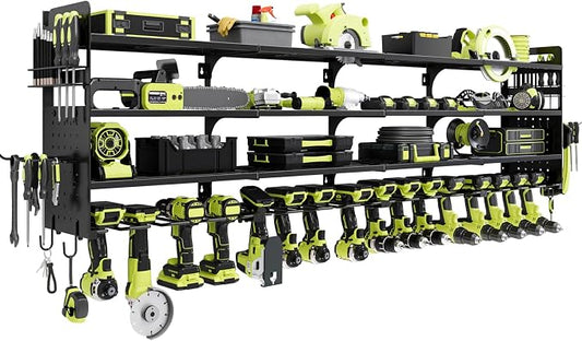 Large Power Tool Organizer Wall Mount, 16 Drill Holders Storage Rack, Black | 4-Tier Heavy-duty Wall Rack Holds 16 Cordless Drills, Saving Valuable Garage and Workshop Space