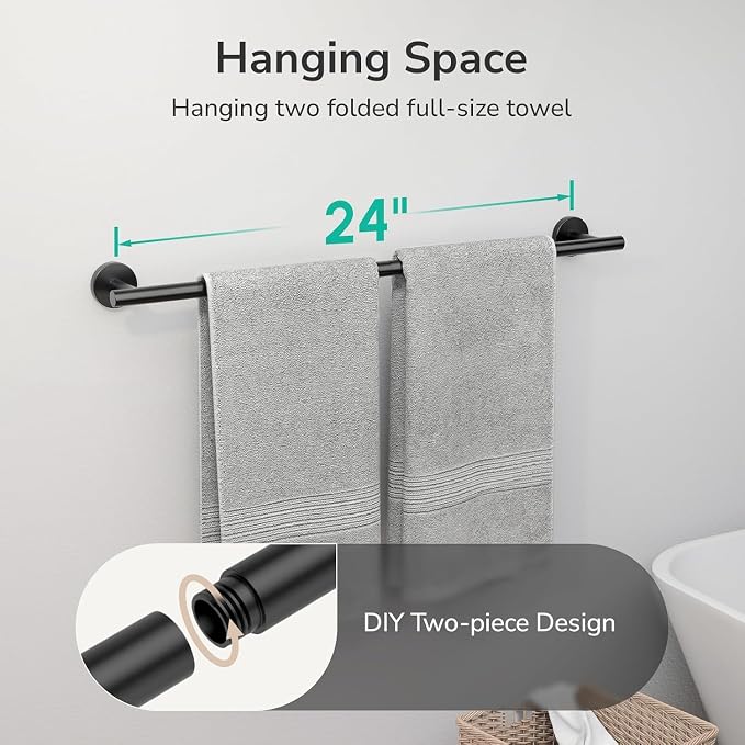 USHOWER 2-Pack Matte Black Towel Bar, 24-Inch Towel Racks for Bathroom | Thicken SUS304 Stainless Steel Towel Rod, Towel Holder Wall-Mounted, Modern Home Decor (Total Length 26-Inch)