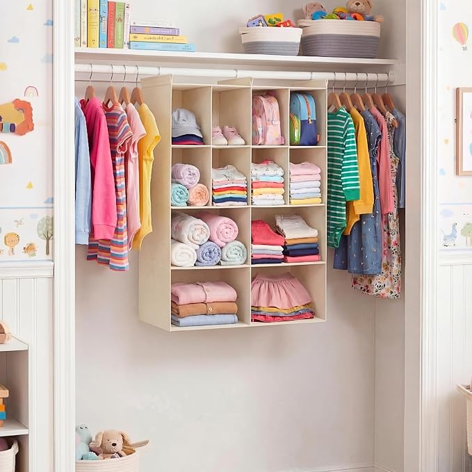4 Tier Hanging Closet Organizer, 12 Compartments Dual Row Storage, Beige | Closet Organizers and Storage with Large & Small Cubbies, 3 Sturdy Hooks Support Heavy Loads, for Dorm, RV, Garment Rack