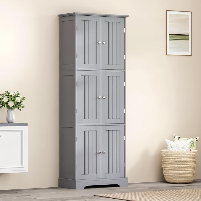 ChooChoo 63.2" Tall Bathroom Storage Cabinet with 6 Doors | Freestanding Floor Cabinet, Adjustable Shelves, Pantry Cabinet for Bathroom, Kitchen, Laundry Room, Grey