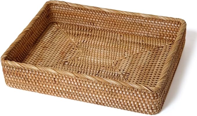 Large Rattan Serving Tray, Rectangle Wicker Storage Basket for Organizing | XL(17.7" × 13.4"), Natural Rattan, Decorative Woven Tray Wicker Basket for Storage, Home Decor, Bathroom