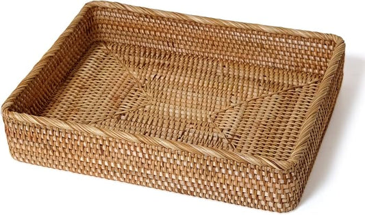 Large Rattan Serving Tray, Rectangle Wicker Storage Basket for Organizing | XL(17.7" × 13.4"), Natural Rattan, Decorative Woven Tray Wicker Basket for Storage, Home Decor, Bathroom