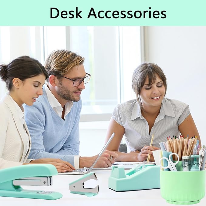 Office Supplies,Green Desk Accessories,Office Supplies Set,Desk Organizer,Stapler,Tape Dispenser,Scissors,Staple Remover,Binder Clips,Staples,Ballpoint Pen,Index Tabs with Ruler,Clear Tape.10pcs