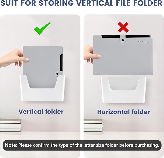 JOMOLA No Drilling File Holder 2 Pack Mail Organizer Wall Mount File Organizer Holder Office Wall Hanging Files Magazines Organizer Plastic Door Mount Wall Pocket with Adhesive Pad, White Color