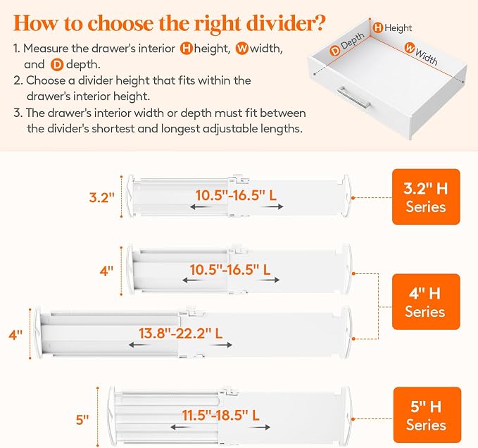 Lifewit 5 Pack Drawer Dividers for Clothes, 4" High 13.8"-22.2" Expandable Dresser Drawer Organizers, Adjustable White Plastic Separators for Kitchen, Cabinet, Nursery, Socks & Underwear Storage