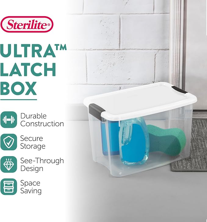Sterilite Ultra Latch Box with Lids for Home and Office, 30 Quart, 24-Pack | Heavy-Duty and Stackable Plastic Containers with Latches for Closet, Cabinet, Bedroom, Bathroom and Dorm Room Organization