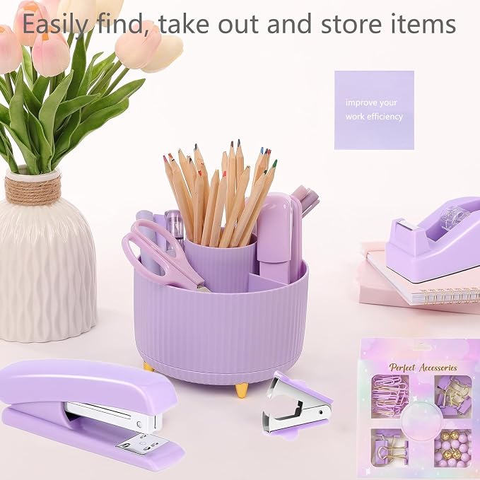 Office Supplies,School Supplies,Purple Desk Accessories,Desk Organizer,Scissors,Stapler,Tape Dispenser,Binder Clips,Staples,Staple Remover,Sticky Notes,Clear Tape,Pen,Ruler,Best Gift,11pcs