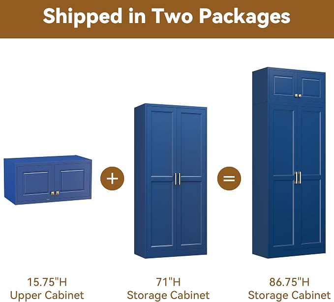 Polup 86" Tall Metal Kitchen Pantry Storage Cabinet with Doors and Shelves | Heavy-Duty Blue Cabinet, 4 Adjustable Shelving, Gold Handles, Magnetic Latch, for Dining Living Room, Bathroom & Garage