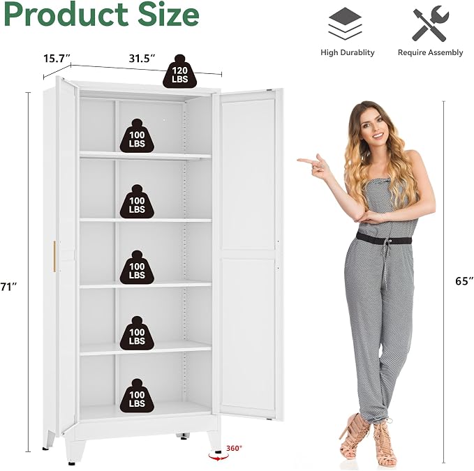 Bevivog Metal Kitchen Pantry Cupboard Cabinet, 71" White Storage Cabinets with 2 Doors and 4 Adjustable Shelves for Kitchen/Home Office/Dining Room/Living Room