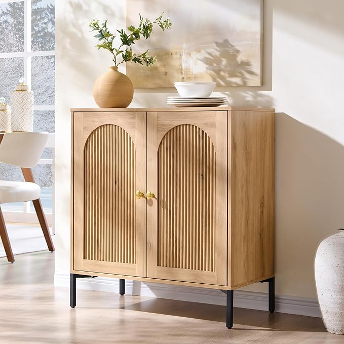 IFGET 34" Tall Modern Arched Sideboard Buffet Cabinet with Storage, Natural | Fluted Arch Sideboard Cabinet w/Adjustable Shelves, Wooden Modular Kitchen Cabinet for Dining& Living Room, Entryway
