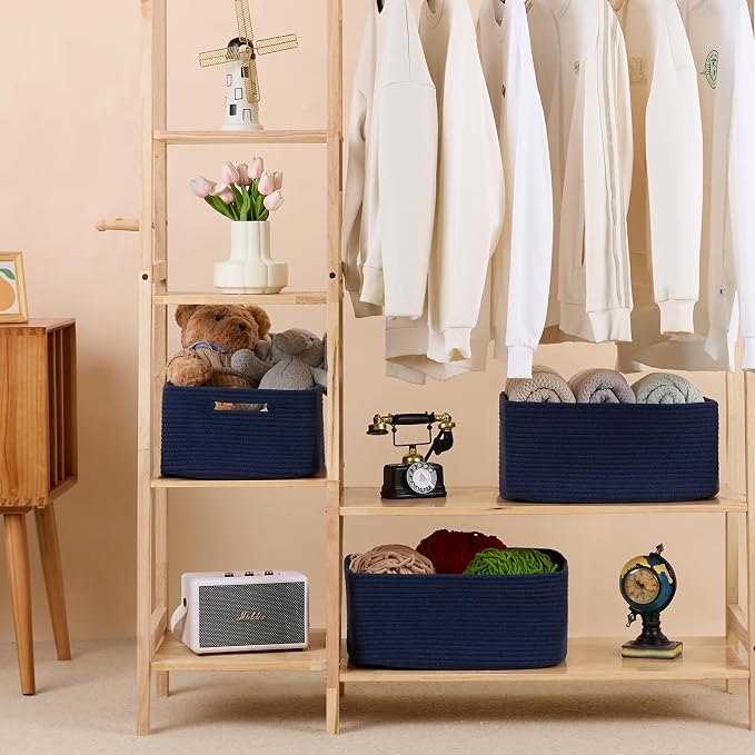 MiniArk Large Storage Baskets for Shelves, 17 x 13 x 7.5” Closet Organizers Bins for Clothes Blanket Towels, Baby Nursery, Toy Baskets Box, Woven Rope Baskets, 2 Packs Navy Blue