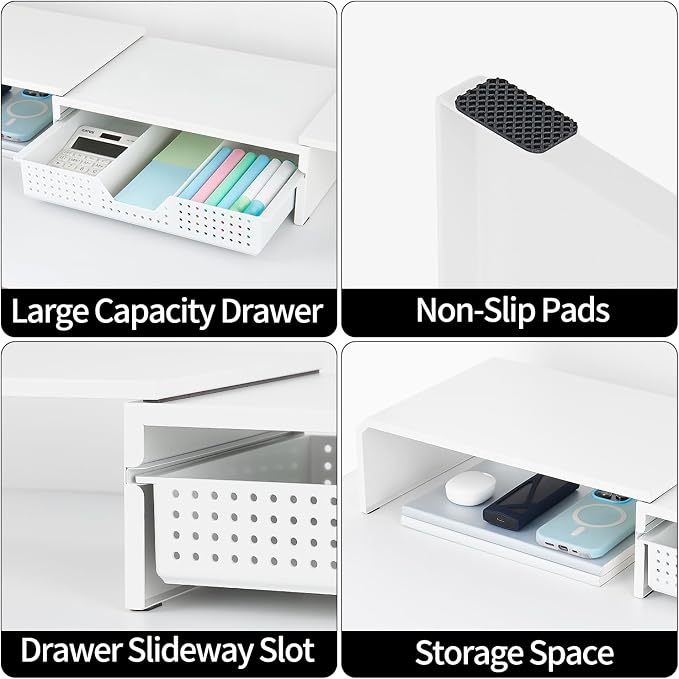 LEKETREE Dual Monitor Stand Riser with Drawer, Desk Organizer and Accessories, Metal Laptop Stand for Desk, Workspace Desktop Stand for Computer, Laptop, TV and More (White)