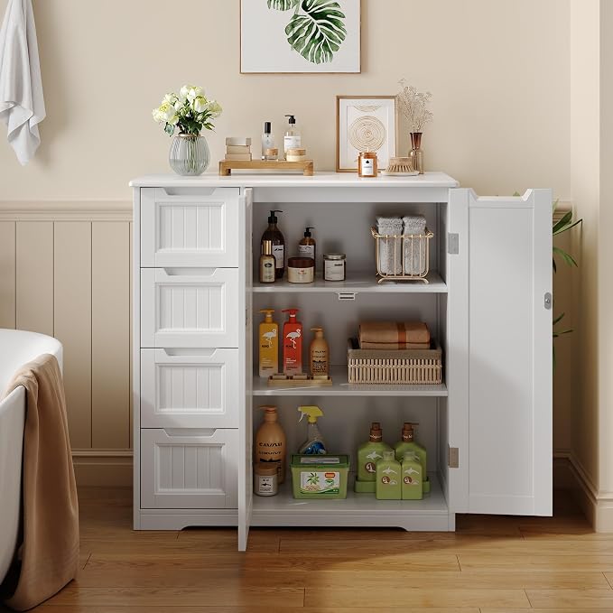 Gizoon Storage Cabinet, Bathroom Storage Cabinet with 4 Drawers & 2 Doors | Freestanding Floor Cabinet with Adjustable Shelf, Ample Storage Space for Bathroom, Kitchen, Living Room, Entryway, White