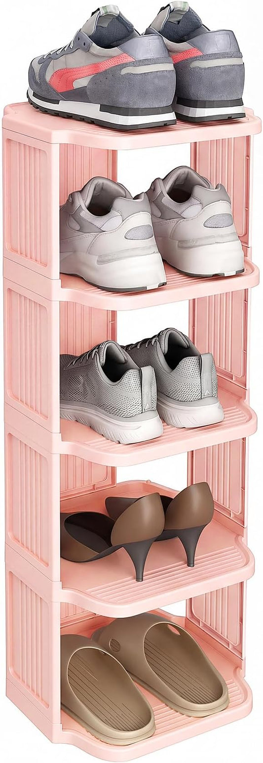 Kitstorack 5-Tier Vertical Plastic Shoe Rack, Freestanding Stackable Shoe Storage Organizer Cubes Shoe Shelf Tower or Small Closets and Tight Spaces, Pink