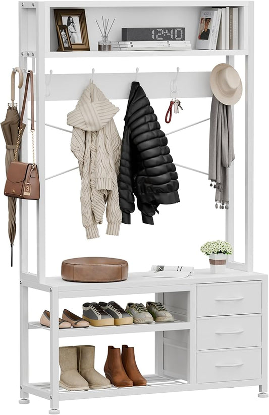 Hall Tree with Bench and 3 Drawers Storage, 31.5" Coat Rack Freestanding | White, 6-in-1, Top Cubby, 12 Coat Hooks, Adjustable Shoe Rack, Sturdy Metal Frame, Entryway Organizer