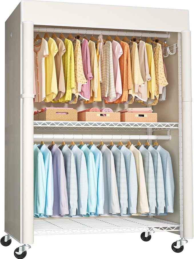 White Clothing Rack with Beige Cover, P1C Plus Rolling Closet | Metal Garment Rack with Wheels for Hanging Clothes, Portable Clothing Storage Wardrobe