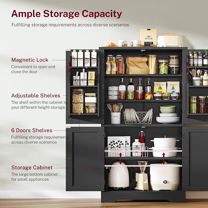 51" H Pantry Cabinet with 4 Doors, Kitchen Cabinet with 6 Door Shelves, Kitchen Pantry for Living Room, Dining Room, Bathroom, Black