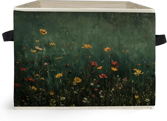Dark Green Wildflower Storage Box Bins, Dark Cottagecore Floral Botanical Collapsible Storage Basket Organizer for Bedroom Laundry Room Home Clothes Books, Decor for Room