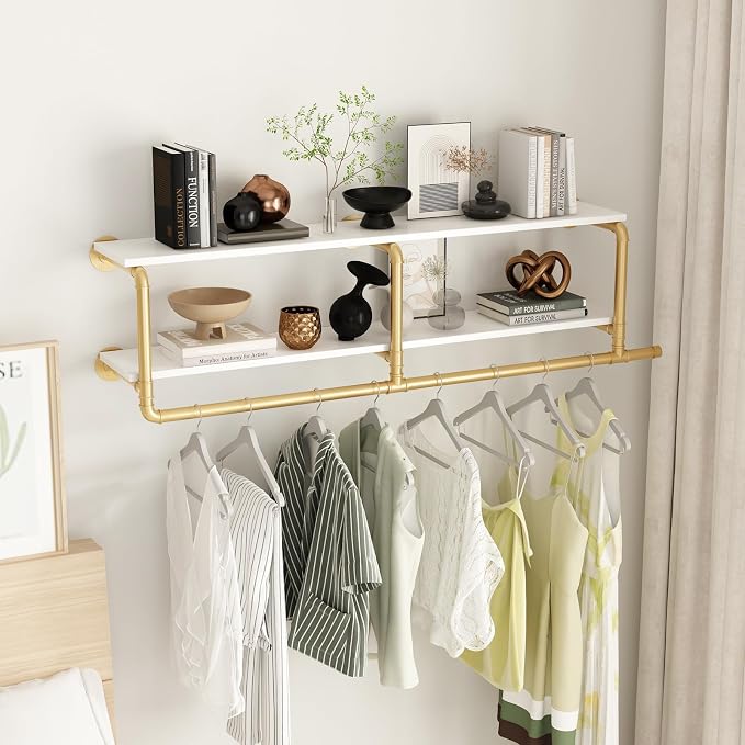 ORSENIGO Industrial Pipe Clothing Rack with Shelves, Gold Wall Mounted Clothes Rack Heavy Duty Display Garment Rack for Home Retail