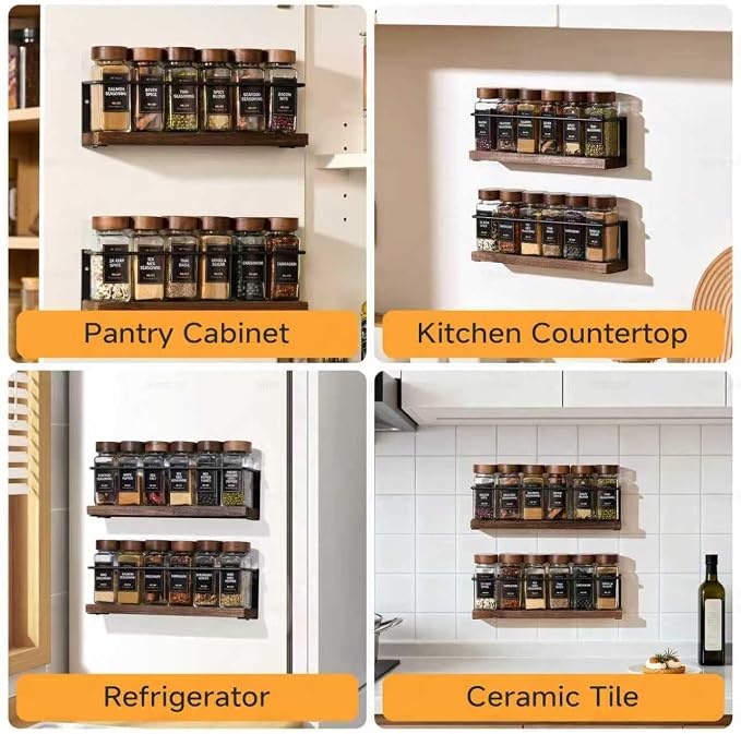 4-Tier Wall Mount Spice Rack Organizer with 24 Glass Jars, 216 Labels & Funnel - Screw/Adhesive Mount, Black Metal & Wood Spice Storage for Kitchen Pantry Cabinet, 11.6”L x 2.4”W x 3.2”H