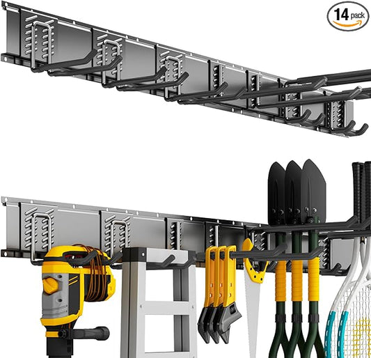 Garden Tool Organizer Wall Mount, 48inch Heavy Duty Garden Tool organizer Storage System, Easy Install With 7 Adjustable Hooks, For Garage, Basement, Shed, Workshop(Black)