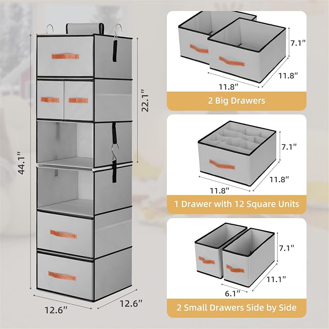 Hanging Closet Organizer 6-Shelf, Upgrade Closet Organizers and Storage with 5 Removable Drawers & 4 Side Pockets, Hanging Shelf Organizer for Bedroom or Garment Rack, 12.6'' x 12.6'' x 44.1'', Gray