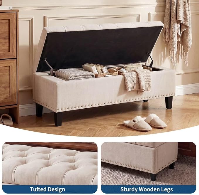 51" Extra Large Storage Ottoman Bench, Supports 660lbs End of Bed Storage Bench with Button-Tufted Upholstery and Safety Close Hinge, Upholstered Bench for Living Room, Bedroom, Entryway - Grey
