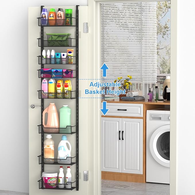 VyGrow 12.3" W Narrow Over the Door Pantry Organizer, 8-Tier Over the Door Organizer with Adjustable Basket, Pantry Door Organization for Pantry Kitchen Storage Room Spice Rack, Black