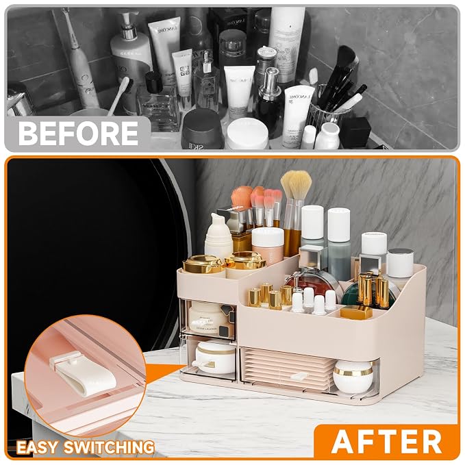 Pink Make up Organizers for Vanity with 3 Drawers,Large Skincare Organizers for Countertop,Desk,Dresser,Plastic Bathroom Counter Organizer for Eyeshadow Palettes,Perfume,Make up Brush Organization