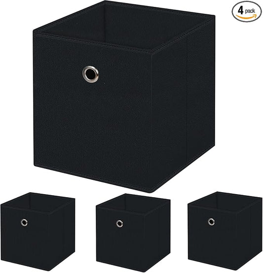 13 inch Record cubes storage bins,collapsible fabric storage cubes Decorative storage basket,apply to clothes organizer box,shelves in closet,laundry,daycare centers,offices,4 Pack(Black) ﻿