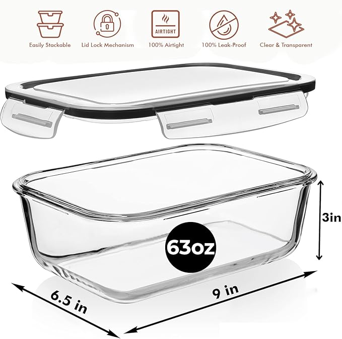 Razab 4 PC 1860ml / 63 Oz / 8 Cups Large Glass Food Storage Containers with Lids - Glass Meal Prep Containers for Roasting & Storing Leftover, Lunch Container with Lids, Microwave & Oven Safe