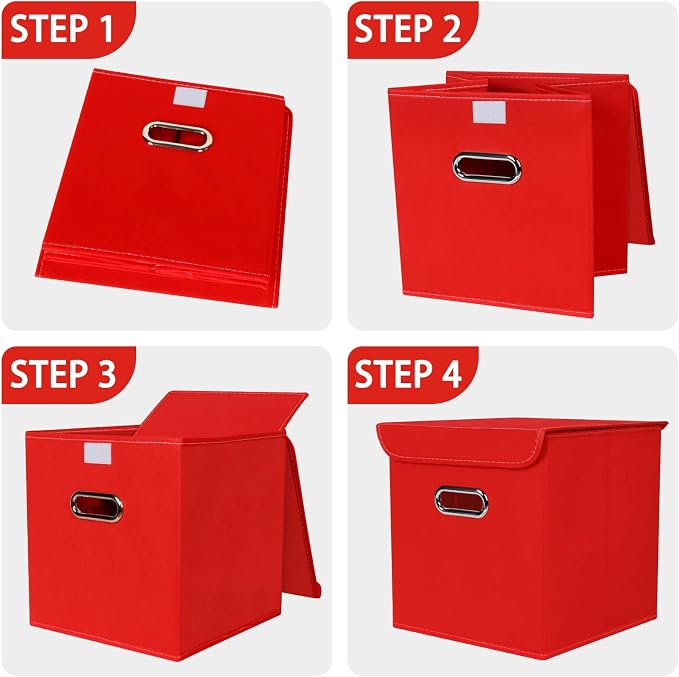 Closet Organizers Fabric Storage Bins With Lids Collapsible Cube Storage Organizer Basket With Handles,Storage Boxes for Clothes Storage,Office,Laundry,Shelves,6 Pack,（Red）