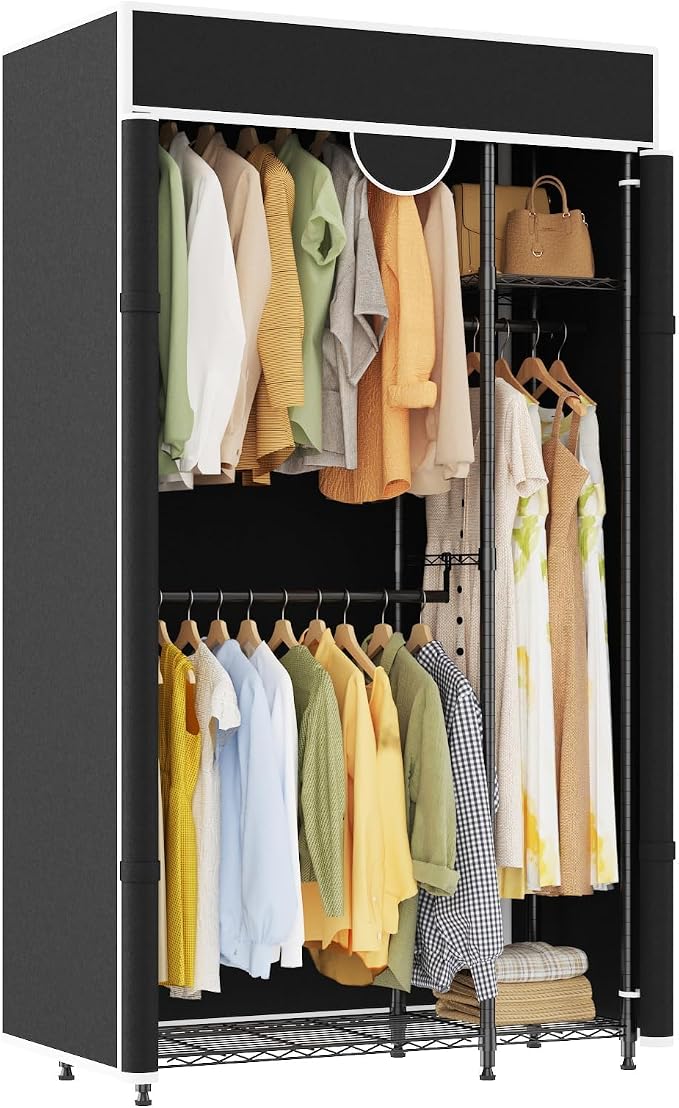Heavy Duty Garment Rack 720lbs Load Closet Wardrobe with Cover Clothes Rack for Hanging Clothes with Adjustable 3 Shelves & 3 Hanging Rods 76.46" H X 43.31" L X 15.75" W Black