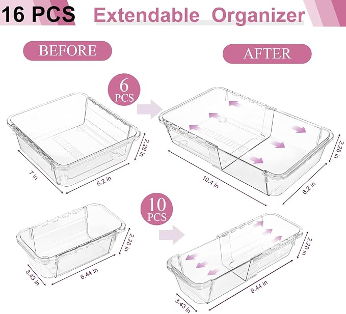 16 Pcs Extendable Clear Drawer Organizer, All Adjustable Vanity Storage Box, 2-Size Desk Drawer Organizer, Durable Storage Bins for Makeup, Cosmetic, Bedroom Dressers Tool Organizer for Gadgets