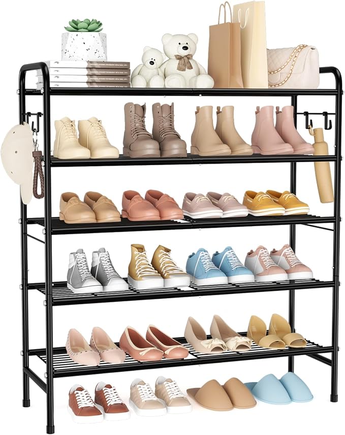 VILICK 5 Tier Shoe Rack 33" Wide Metal Shoe Organizer Long Shoe Storage with 4 Side Hooks Sturdy Shoes Shelf for Closet, Front Door Entrance, Garage, Dorm, Black