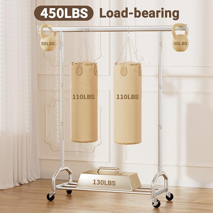 Heavy Duty Rolling Clothing Rack, 450 lbs Capacity Metal Clothes Rack with Wheels, 65" Tall Freestanding Hanging Rack for Bedroom, Laundry Room, Retail Display, Chrome