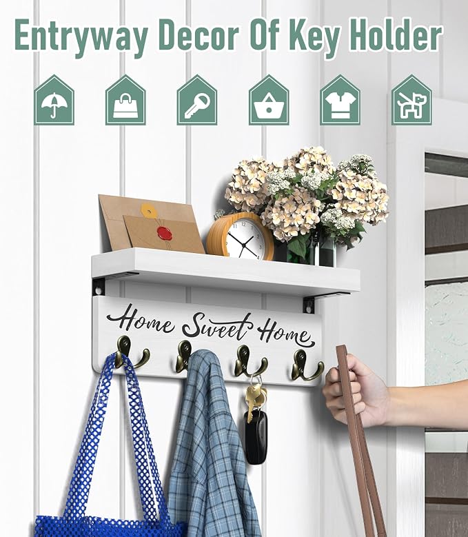 buways Key Holder Wall Mount with 8 Rustic Hooks and Cozy Home Sign(White) | Solid Wood,lots of colors, Floating Shelf for Keys, Mail, and Daily Essentials in Entryways, Hallways or Home Decor