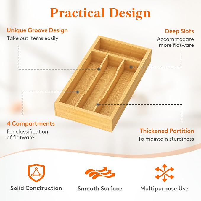 Lifewit Silverware Drawer Organizer, Wooden Utensil Tray for Kitchen | Flatware and Cutlery Holder, Adjustable Storage for Spoons Forks Knives, 6.9 x 12.8", Natural