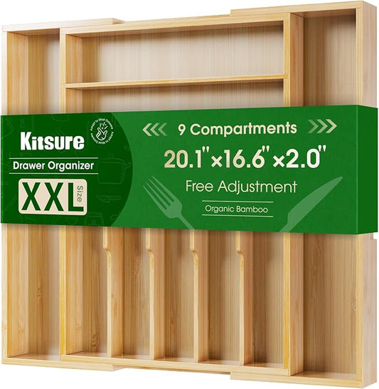 Kitsure Silverware Organizer, Bamboo Kitchen Drawer Tray, Natural, XX-Large | Expandable Drawer Kitchen Organizer, Cooking Utensils & Cutlery, Sturdy & Thickened Design, Storage Solution