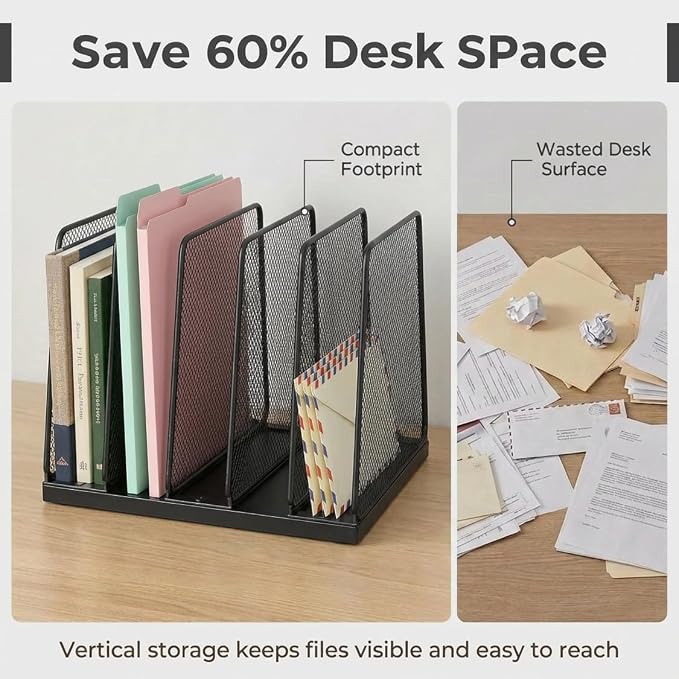 5-Section Vertical File Organizer for Desk, Sturdy Wood Base & Metal Mesh Desktop File Holder, Upright Paper Folder Sorter for Office Supplies（Black）